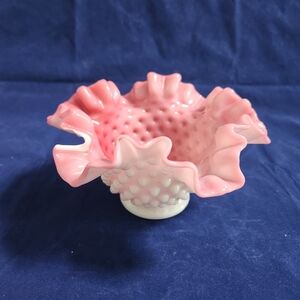 VTG Fenton Art Glass White Pink Hobnail Candy Bowl AS IS READ
